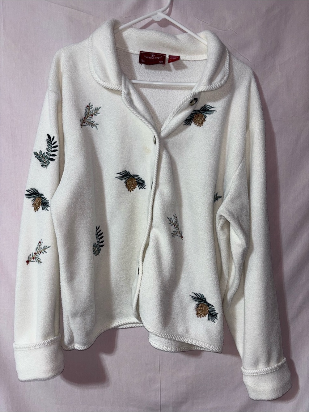 White Embroidered Pinecone Fleece Snap-Front Jacket